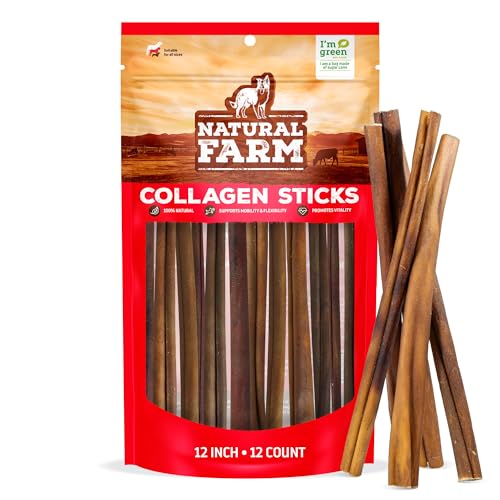 Natural Farm Odor-Free Collagen Chews, (12-Inch, 12-Pack), Long Lasting Bully Sticks & Rawhide Alternative Dog Treats, 95% Collagen, High Protein Best Dental Dog Treats – Medium & Large Dogs