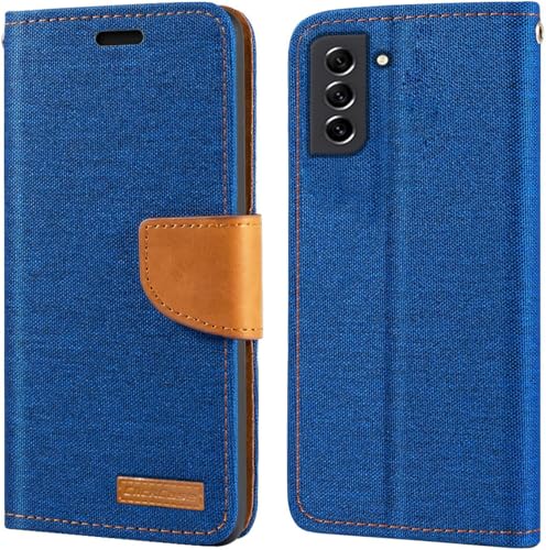 Image of ClickCase Canvas Series, Cloth & Pu Leather Wallet Flip Case Kick Stand Magnetic Closure Flip Cover for Samsung Galaxy M42 5G (Blue)