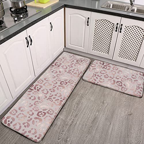 YouTary Rose Gold Leopard Pattern Kitchen Rug Set 2 PCS Floor Mats Washable Non-Slip Soft Flannel Runner Rug Doormat Carpet for Kitchen Bathroom Laundry