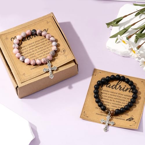 CJiangpo Natural Stone Cross Bracelet for Godparents, Christian Religious Cross Beaded Bracelets Godmother Godfather Proposal Gifts Catholic Jewelry for Christmas Baptism Gifts4