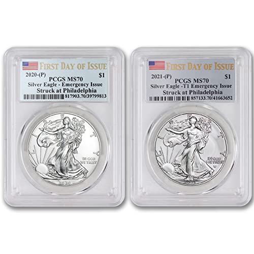 2020 & 2021 (P) Set of (2) 1 oz American Silver Eagles MS-70...