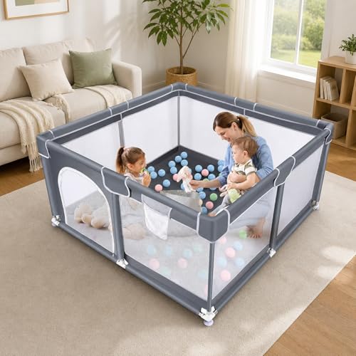 Image of ShivAnanta Baby Playpen for Home Indoor Kids Safety Play Fence with 30 Balls Mesh Play Area for 2+ Toddler Activity Zone Portable Baby Play Yard Anti Slip Child Play Space for Crawling Babies Secure Enclosure (Grey)
