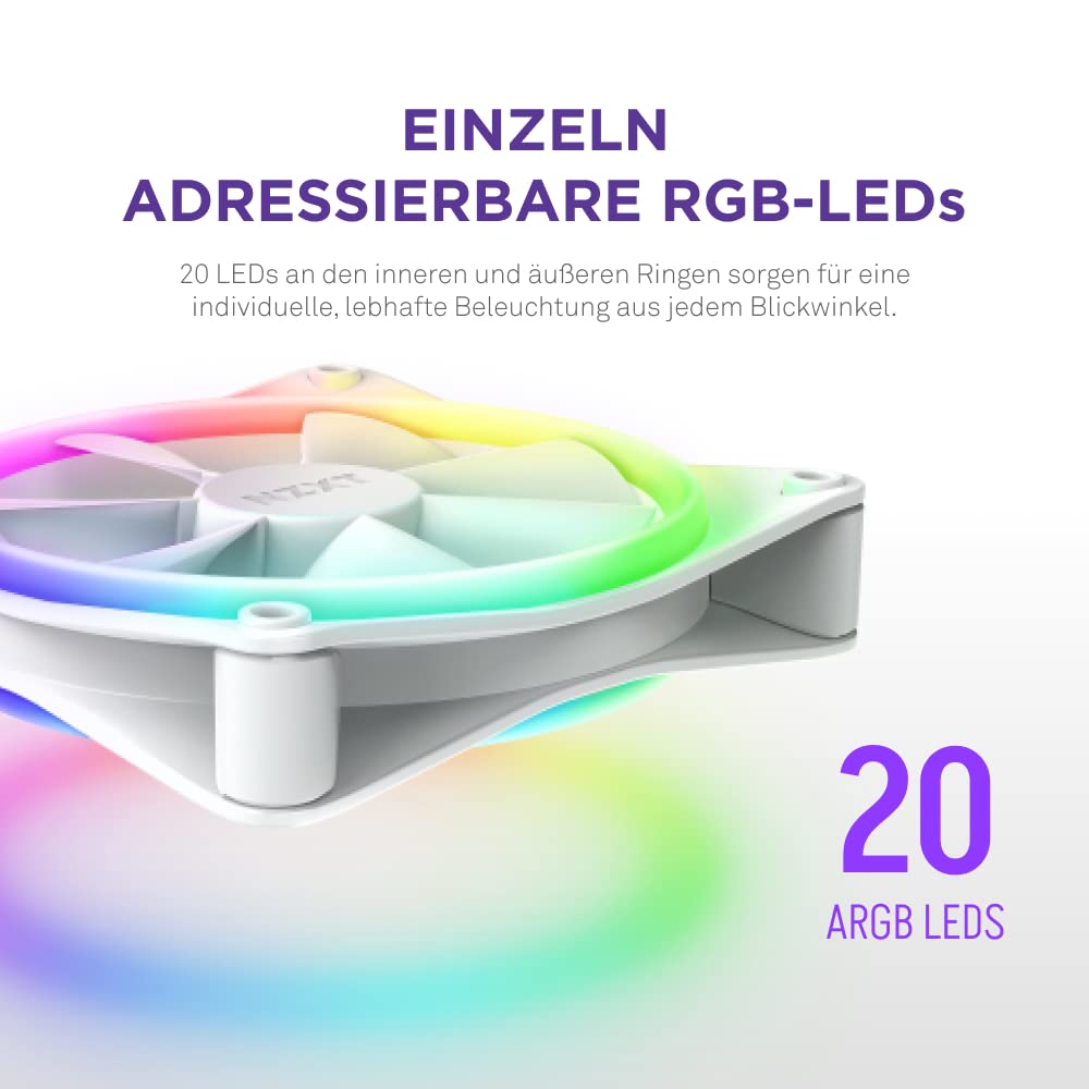 Nzxt F140 RGB Duo - 140mm doppelseitiger RGB-Lüfter – 20 einzeln adressierbare LEDs – Ausgeglichener Airflow und statischer Druck – Fluiddynamisches Lager – Weiß – Bild 3
