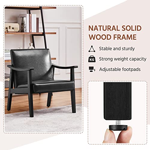 Yaheetech Pu Leather Accent Chair, Mid-Century Modern Armchair With Solid Wood Legs, Reading Leisure Chair With High Back For Living Room Bedroom Waiting Room, Black #TOP4