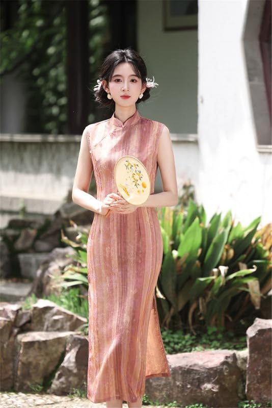 Abito Lungo Qipao Estivo Senza Maniche Aderente in Stile Cinese Cheongsam retrò per Banchetti di Nozze spettacoli e Serate di Gala