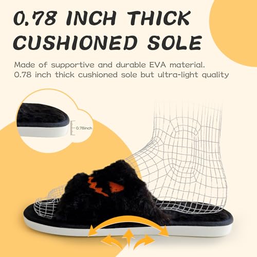 Spooky Halloween Slippers - Soft Fuzz Open Toe Slides for Women, Men & Kids - Goth, Pumpkin & Bat Designs4