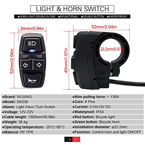 Hausdec Bike Front and Ebike Rear Light Set Input 36V 48V 52V 60V with DK336 Light Horn Turning Switch E-Bike Light, Black - Image 3