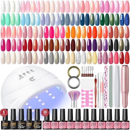 PEACECOLOR Kit Uñas Semipermanentes, 40PCS Pintauñas Semipermanentes Base Top Coat Brillante y Mate, Uñas Semipermanentes Kit Completo con Lampara Uñas y Lima Electrica Uñas, Regalos Principiantes