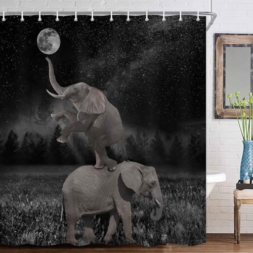 Image of Boziqr Funny Shower Curtains for Bathroom, Cute Elephant Moon Forest Bath Curtain, Rustic Farmhouse Decor Polyester Fabric Fun Cool Animals Black 70 x 84 Inches