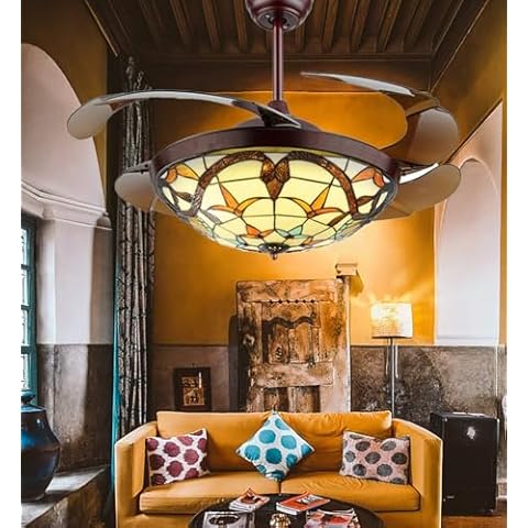 42" Tiffany-Style Ceiling Fan with Light Indoor, Retractable Fan Blade LED Chandelier, 3 Color/3 Speed Classic Ceiling Fans Lighting Fixture with Remote Control for Dining Living Room Cover