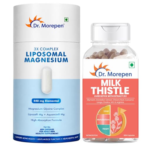 Image of Dr. Morepen Liposomal Magnesium Complex 440mg with Aquamin, Magnesium Glycinate, Vitamin D2, K2-7, B6 & B12 + Milk Thistle Capsules for Men & Women | Daily Wellness Combo Pack