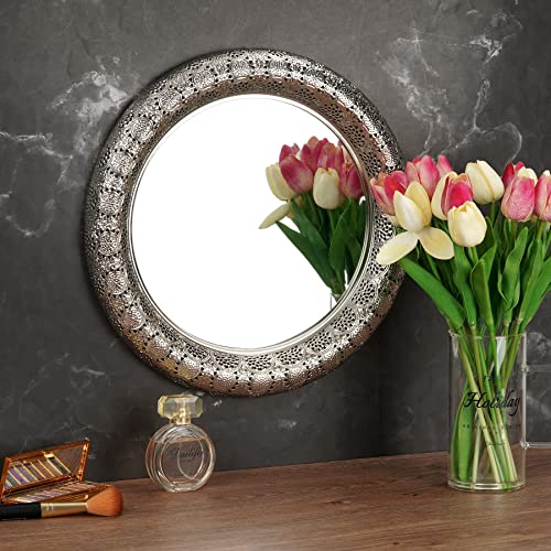WPAJIRZO Miroir Mural Rond – Tapisserie Murale Ronde – Plateau décoratif – Miroir Mural décoratif avec Cadre en métal pour Salon, Chambre à Coucher, Couloir – Style Oriental 37 cm