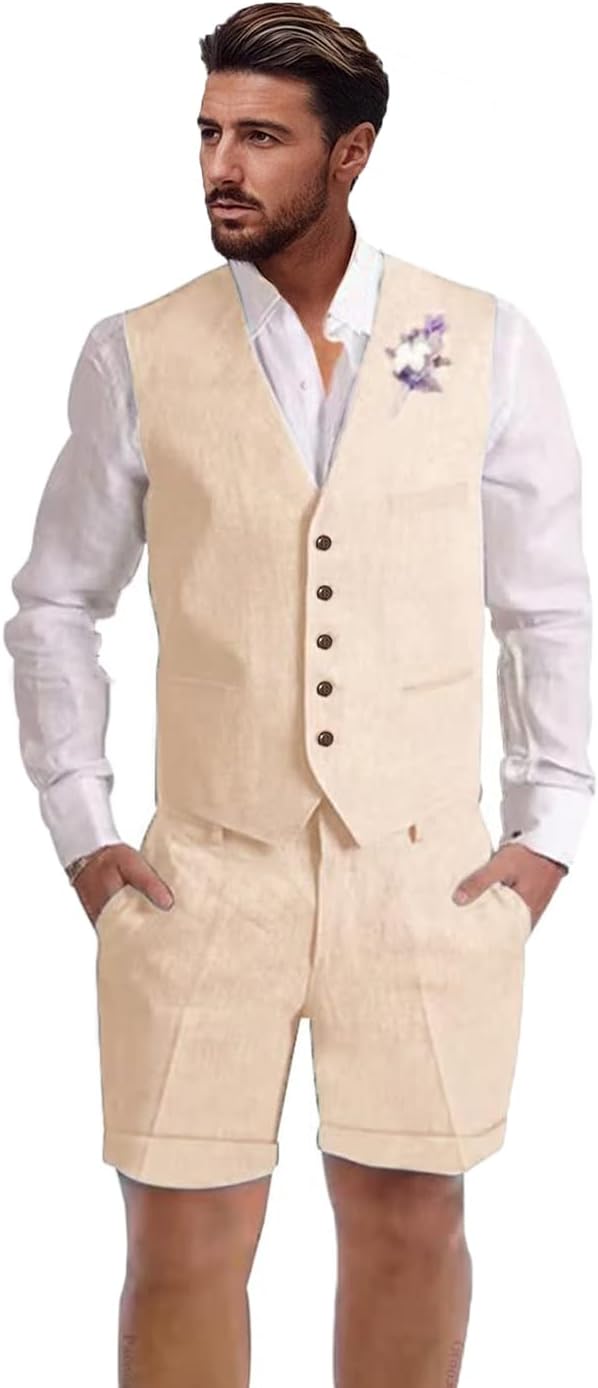 Mens Linen Suit 2 Piece Short Suits for Men Casual Summer Beach Wedding Suit Linen Vest Shorts Set