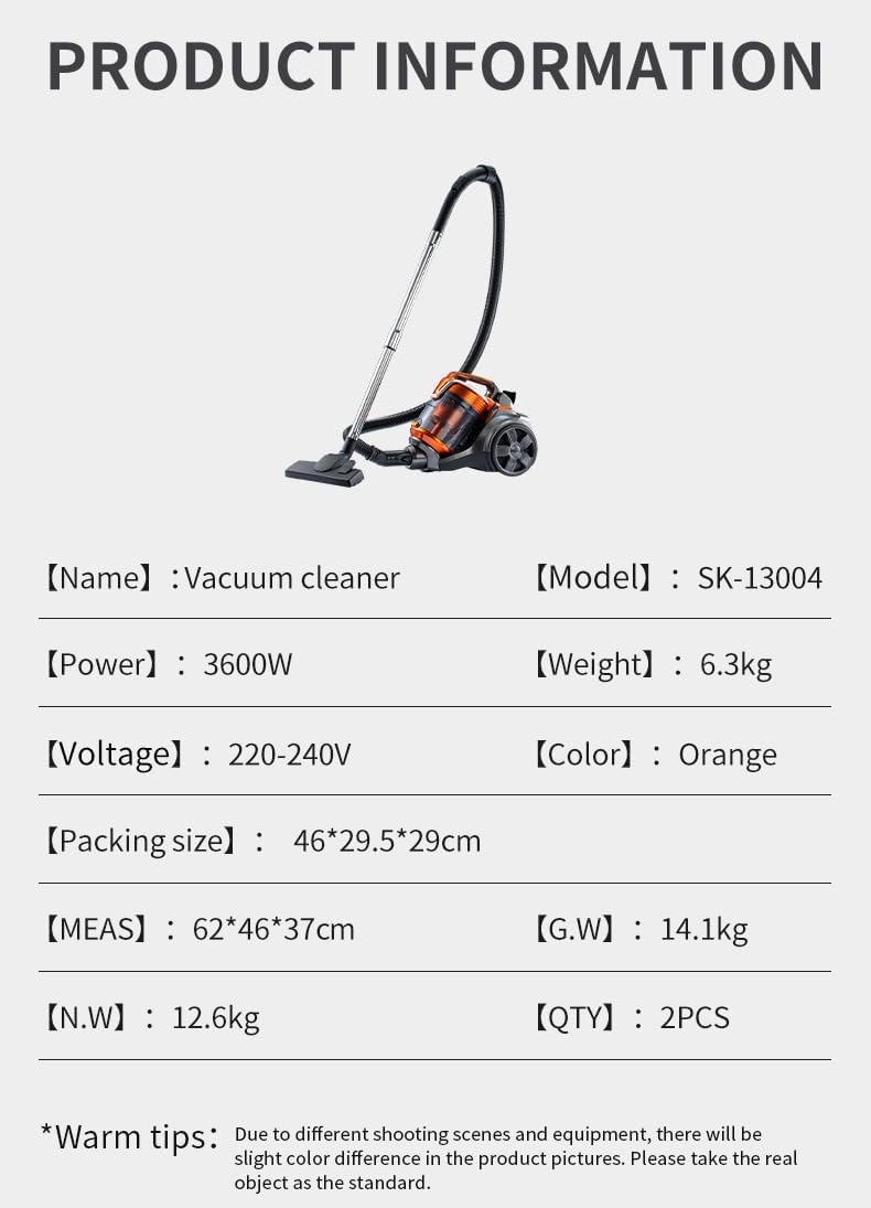 Aspiradora sin bolsa, limpiador ciclónico de 3600 W para alfombras y suelos duros, ligero y de bajo ruido, filtro HEPA, manguera extensible con accesorios