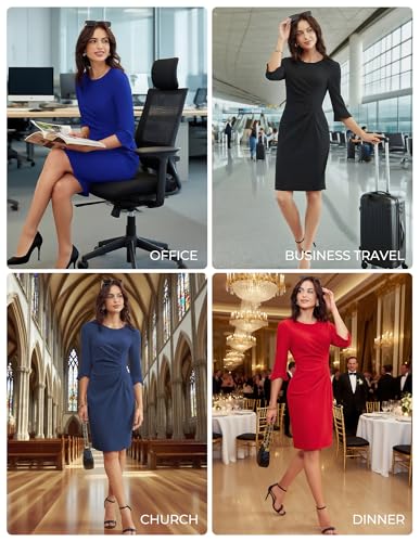 GRACE KARIN Work Dresses for Women 2025 3/4 Sleeve Sheath Business Dress Ruched Bodycon Office Cocktail Dress4