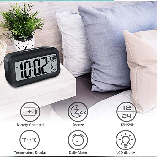 Image of PEAKFINITY Plastic Digital Smart Backlight Battery Operated Alarm Table Clock with Automatic Sensor, Date & Temperature (Black)