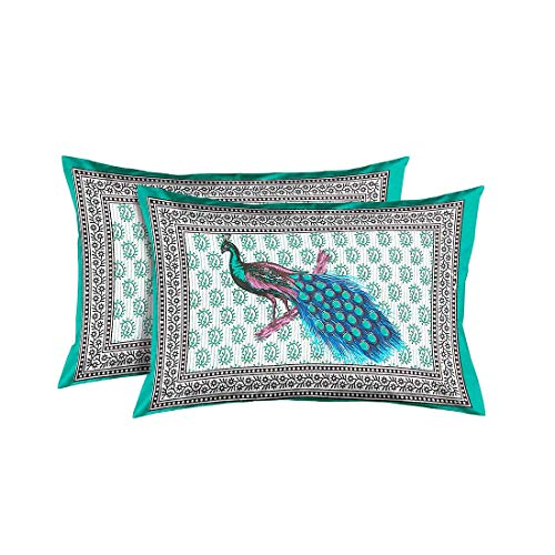 Image of Peacock Collection Bed Sheets for Double Bed Cotton King Size with 2 Pillow Covers - Size of Bed Sheet 7.65 ft x 6.9 ft (Blue)