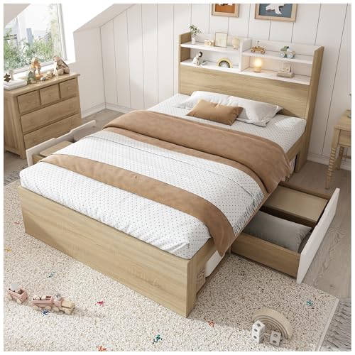 Wyibwy Cama individual 90 x 190 cm, cabecero con estante de almacenamiento, 2 cajones, cama de madera maciza, ideal para habitaciones compactas, sin colchón, natural
