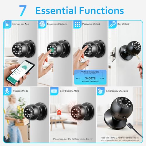 Smart Door Knob with Fingerprint, 5-in-1 Keyless Entry Door Lock with Keypad & App Control, Biometric Smart Lock with Backup Keys for Bedroom, Office Front Door (Black) - Image 3