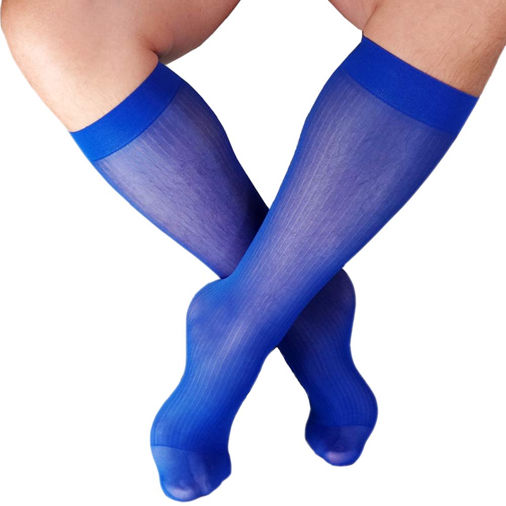 Mr.babuu Men's Blue 3Pairs Pack Striped Nylon Silky Cold Thin Otc Sheer Dress Socks