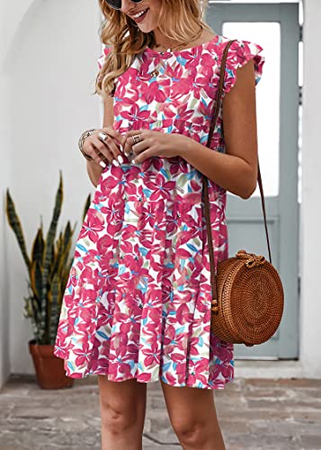 KIRUNDO Vacation Dresses for Women 2026 Summer Sleeveless Boho Floral Mini Ruffle Sleeve Round Neck Loose Short Flowy Pleated Babydoll Beach Sun Dress, Floral3-rose Red, Large — view 3