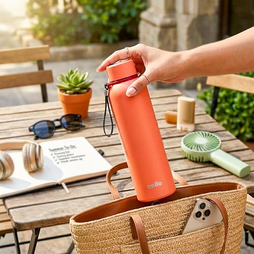 Image of CELLO Duro Kent Gen-X Stainless Steel Flask 520ml Peach | Wide Mouth with Carrying Loop, Leak Proof Double Wall Vacuum Insulated Hot and Cold Flask Water Bottle For Office Gym Biking Outdoor Hydration