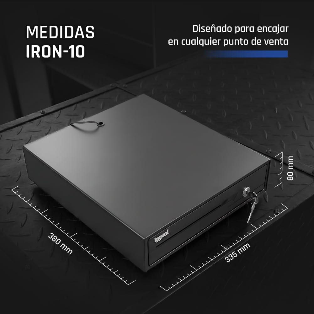 iggual – Cajón Portamonedas IRON-10 -Caja Efectivo Registradora Manual o Automática 4 Billetes y 6 Monedas -Cerradura 3 Posiciones - Material Acero+Plástico -Uso profesional- Negro (38x33,5x 8)