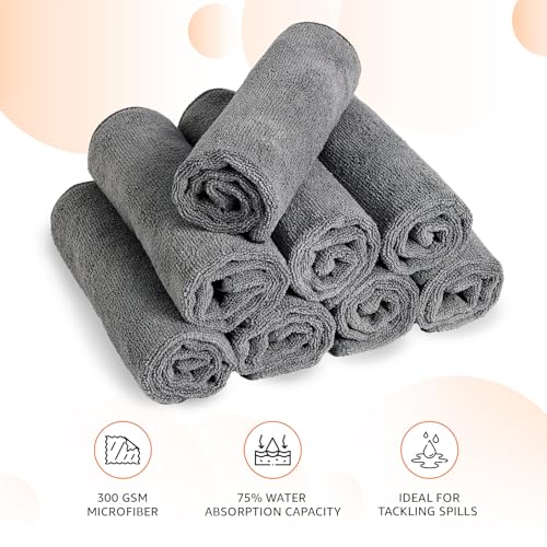 Image of Amazon Basics Pack of 8 Microfiber Cleaning Cloth | 300 GSM | Ultra Soft | Super Absorbent | Reusable |Grey| 40cm X 40cm