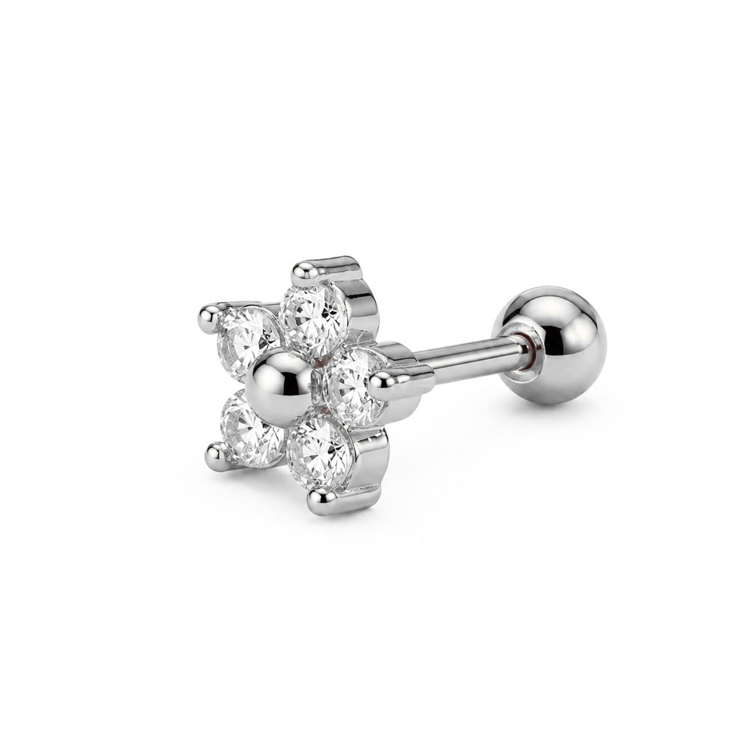 vama FASHIONS 1 Pcs 18K Silver Plated Stainless Steel Five Stone Flower Tragus Stud Small Single Upper Ear Studs Piercing Cartilage Helix Barbell Earrings Jewelry For Womens-picture-3