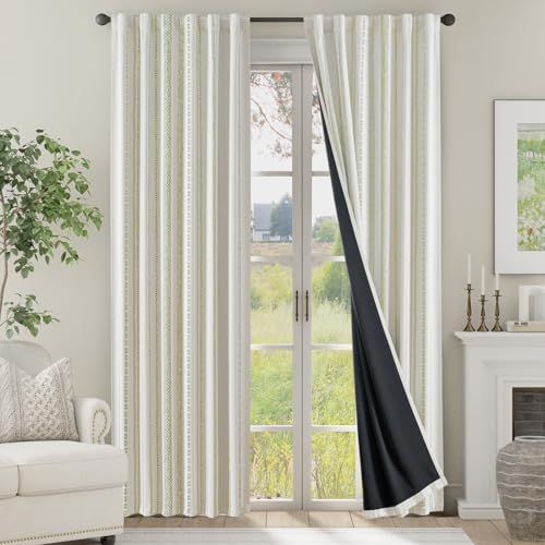 Image of jinchan Blackout Curtains 84 Inches Long for Bedroom, Boho Insulated Curtains Sage Green Printed on Beige Geometric Drapes Back Tab Rod Pocket Room Darkening Retro Farmhouse Pattern 2 Panels