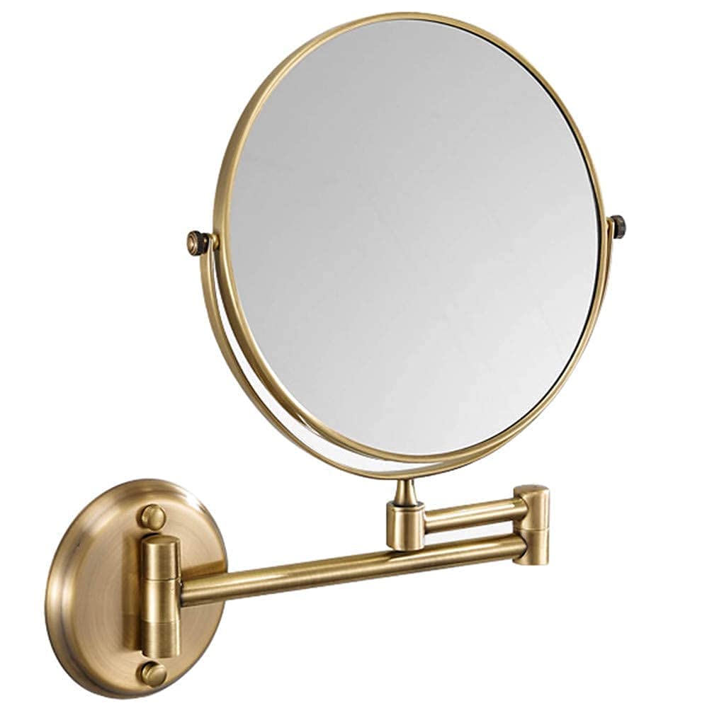 Dwustronne powiększające lusterko do makijażu 20 cm – 3-krotne powiększenie z obrotem o 360°, do łazienki i golenia, stylowe wykończenie z brązu, wysuwana konstrukcja