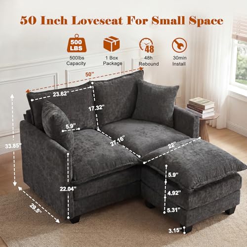 Image of 50'' L-Shape Loveseat Sofa with 22 inch Ottoman, 2 Seat Modern Cloud Couch with 2 Washable Pillows for Small Space Apartment Office Living Room Bedroom, Grey