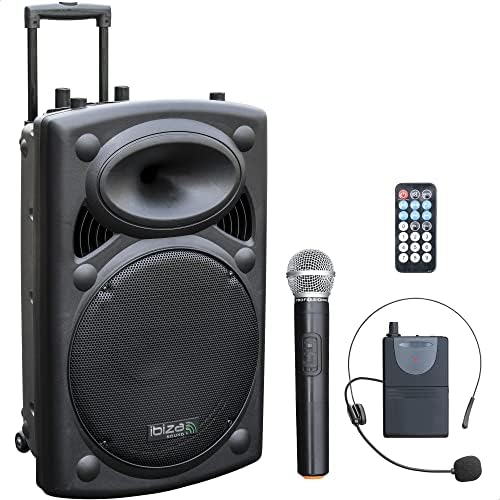 Ibiza - PORT15UHF-BT - Przenośny zestaw głośnikowy 15"/800W MAX z 2 mikrofonami (UHF), pilotem zdalnego sterowania i etui ochronnym - Bluetooth, USB, SD i TWS - 6 do 8 godzin autonomii