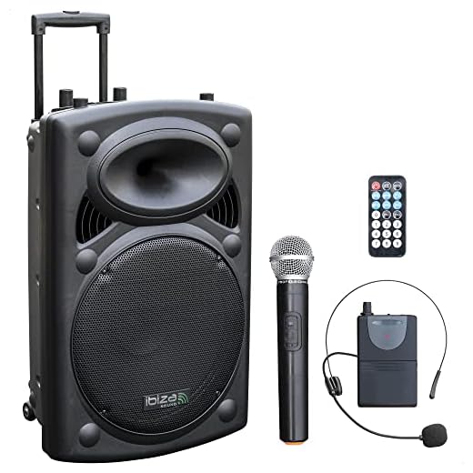 Ibiza - PORT15VHF-BT - Altavoz portátil 15"/800W MAX con 2 micrófonos (VHF), Mando a Distancia y Funda Protectora - Bluetooth, USB, SD - 6 a 8h de autonomía