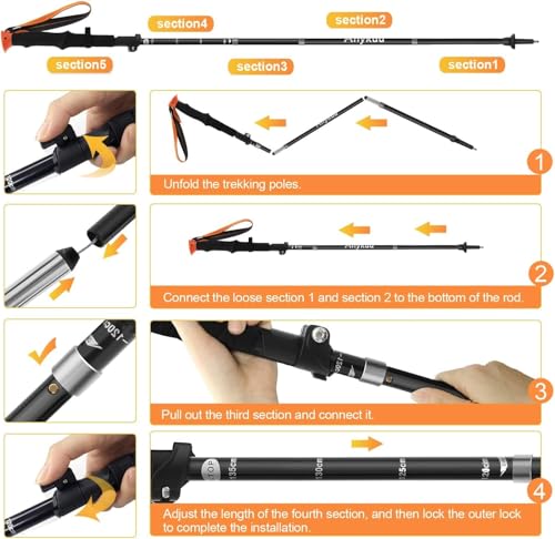 Anykuu Wanderstöcke 2 Stück Nordic Walking Stöcke Wanderstöcke Faltbar 110-130cm Stoßfester...