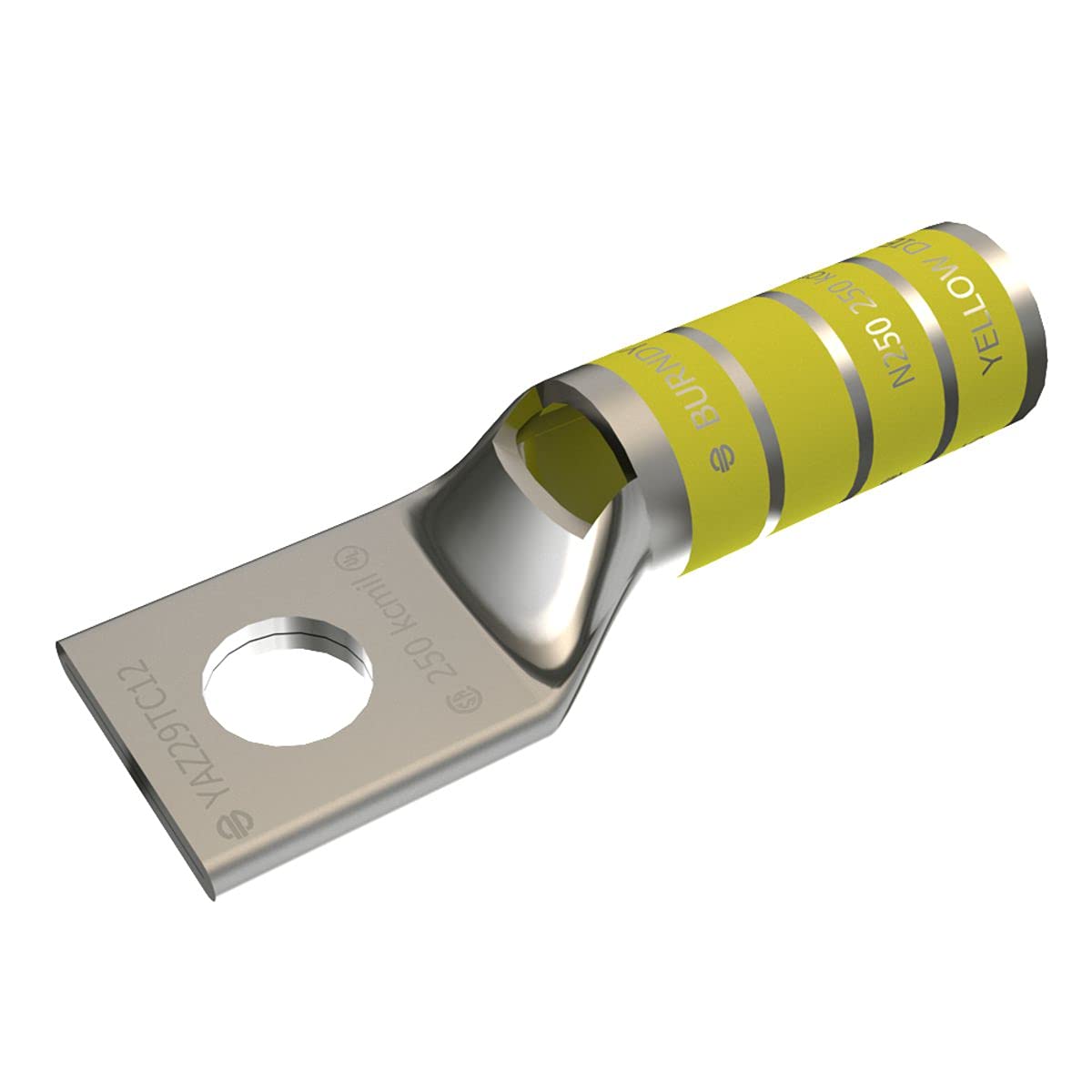 Burndy YAZ29TC38 One Hole Hylug Code Conductor Long Barrel Uninsulated Copper Compression Terminal with Inspection Window, 250 kcmil Conductor, 3/8" Stud Hole Size, 1.10" Tongue Width, 2.99" Length,Yellow