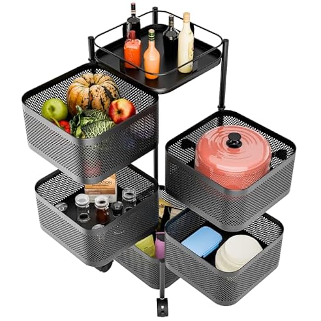 Kitchen Storage Trolley,5 Tier Rotating Storage Rack for Kitchen,Rotating Basket Large Storage Rack with Wheels,Vegetable and Fruit Metal Wire Shelf Rack with Top Lid for Living Room Black-LZqqH23M