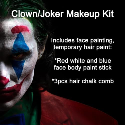 Mysense-Clown-Makeup-KitRed-White-and-Blue-Joker-Face-Body-Paint-StickCream-Facepaint-and-Green-Temporary-Hair-Color-Chalk-for-Halloween-Costume-Cosplay-Party-DIY