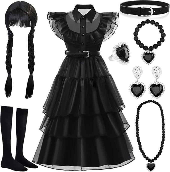 MWZEAUL Disfarce de Halloween para menina, 8 peças. Dia das Bruxas vestido com peruca e acessórios de joalharia, vestido costume menina 7-8 anos para aniversário halloween carnaval cosplay festa, 130
