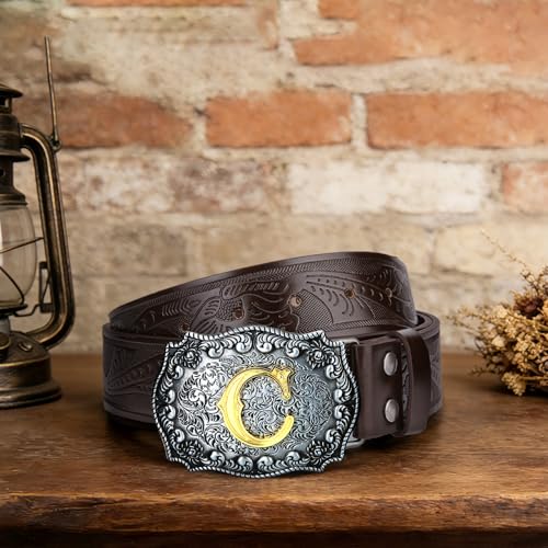 Image of Men Cowboy Belt, Western Cowgirl Big Letter Buckle Belts | Longhorn Bull Strap for Jeans Pants, Faux Leather Embossed Floral County Waistband
