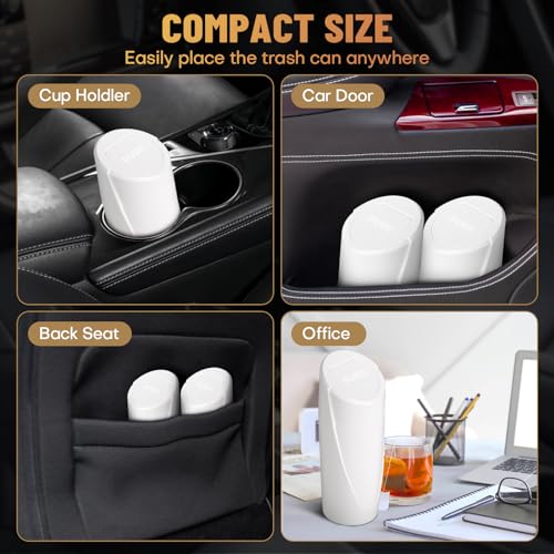 Image of Car Trash Can Bin with Lid - 2 Packs Car Garbage Can Cup Holder - White Mini Leakproof Vehicle Trash Garbage Can Bin with 40pcs Trash Bags-Car Organizers and Storage for Front Back Seat Accessories