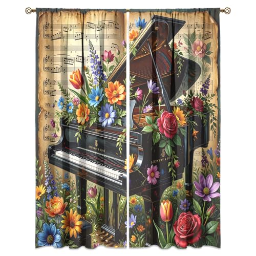 KuracleGH Vintage Musical Instruments Piano Blackout Curtains-Colorful Spring Garden Florals