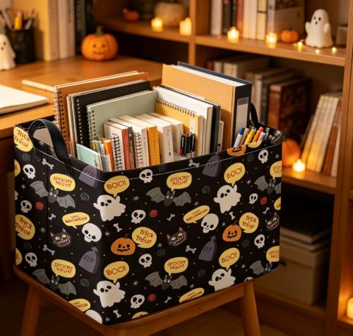 Image of Rectangle Storage Basket with Handles,Collapsible Storage Bin,Books Box,Gift Basket(Black Boo Basket)