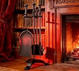 Kingson Juego de 4 piezas para chimenea de hierro fundido color negro con asa y soporte 19.5x17x47cm Kit completo de herramientas para chimenea