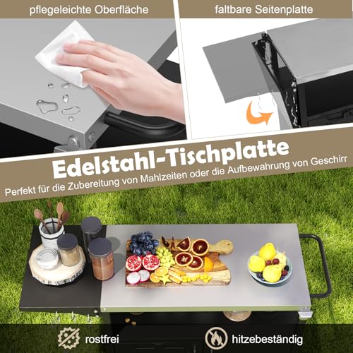COSTWAY Grillwagen Outdoor, Grilltisch mit Edelstahlplatte, klappbarem Seitentisch, Schrank, 6 Haken & Griff, bis 100 kg, Campingtisch Metall, für Außenbereich Picknicks Partys, 127 x 50 x 84 cm