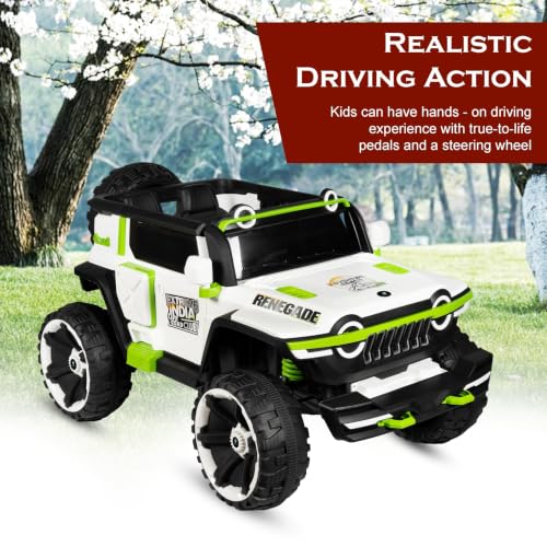 Image of Norman Jr Battery Operated 4x4 ATV Runs on Garden & Sand Surface |Jeep Toy with Remote+Steering+RGB Light+Mp3 USB Music | Rechargeable Car for Kids to Drive 3to12 Years | XXXLarge Bumper- Green&White