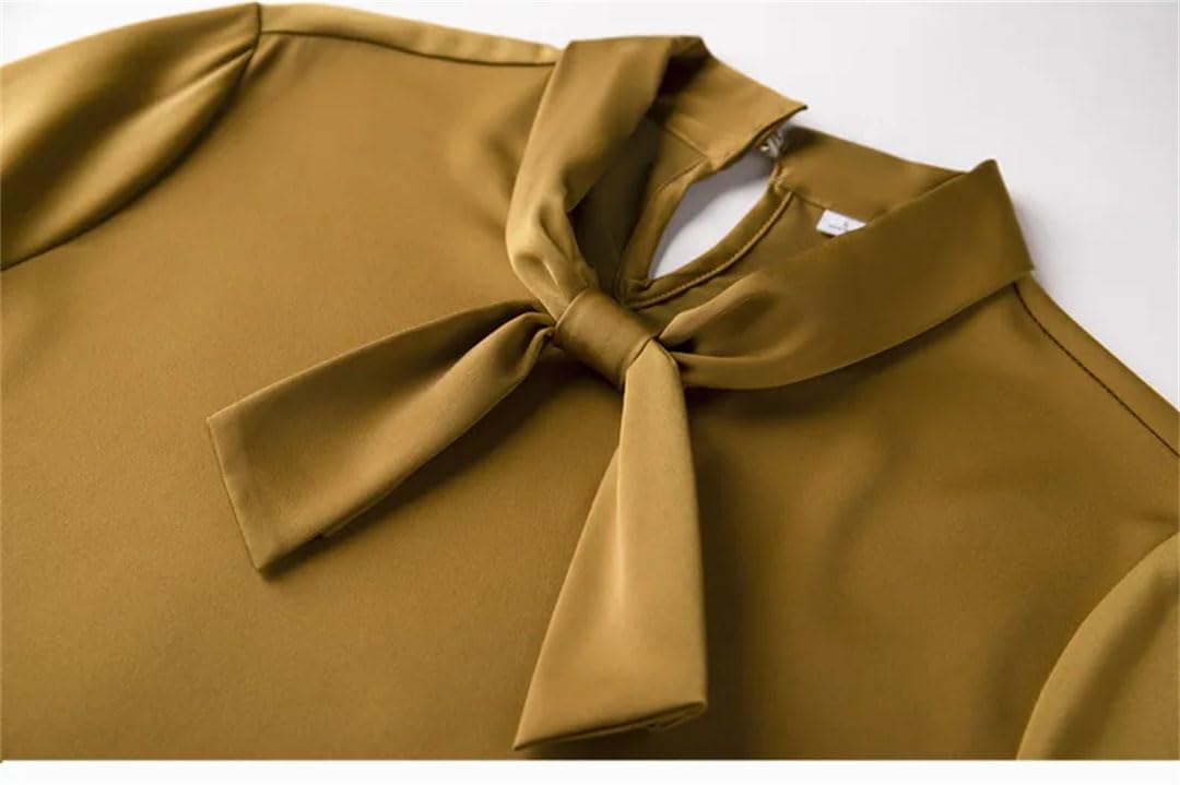 Elegante camisa de satén para mujer, con lazo, manga larga, pullove