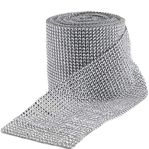 HUJI Diamond Silver Rhinestone Mesh Ribbon Wrap for Wedding Decorations, Gifts, Party Supplies, Cake Decorations (30 Feet, Silver Diamond Rhinestone)