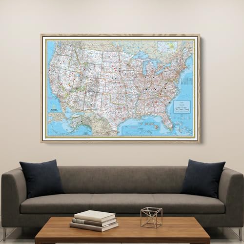 Image of National Geographic Classic USA Map with Pins - Personalized United States Travel Map Canvas - Framed Wall Decor - Natural Float Frame - 30 inch x 45 inch