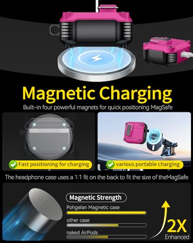 Image of Pohgelan for AirPods 4 Case with Safety Lock-Rose red | Carbon Fiber Texture Cover,Magnetic Automatic Lock with Cleaning Kit&Keychain,Compatible with Magsafe